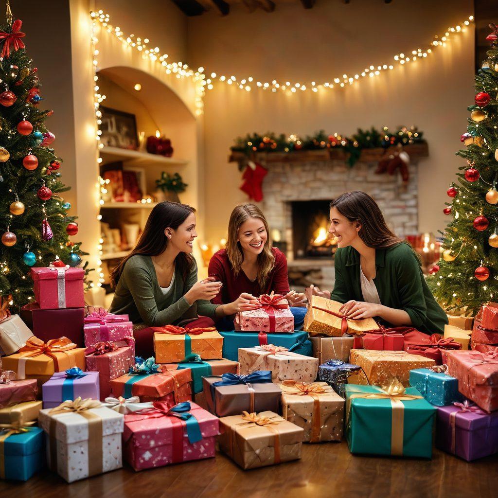 A beautifully arranged display of unique and artistic gifts wrapped in colorful paper, featuring items like handcrafted jewelry, artisanal chocolates, and custom-made decor. The background is softly blurred, highlighting a cozy, festive atmosphere with twinkling fairy lights and holiday decorations. Incorporate diverse individuals happily exchanging gifts, showcasing inclusivity. warm colors. soft focus. inviting ambiance.