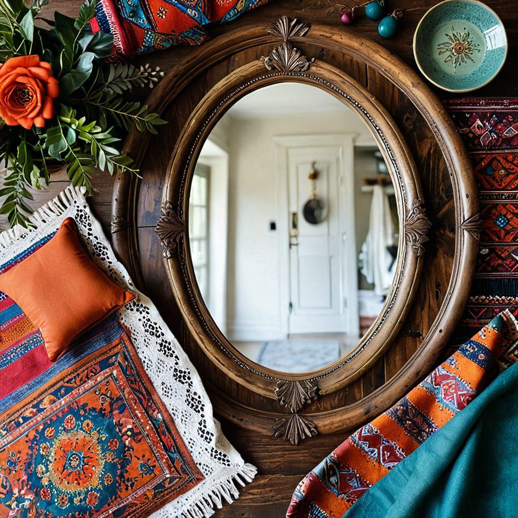 A beautifully arranged flat lay of unique and stylish goods including an antique mirror, vibrant textiles, and distinctive handcrafted jewelry, all set on a rustic wooden surface. Soft natural light illuminates the scene, highlighting textures and colors. Incorporate hints of greenery for a fresh feel, creating an inviting atmosphere perfect for treasure hunters. super-realistic. vibrant colors. soft focus.