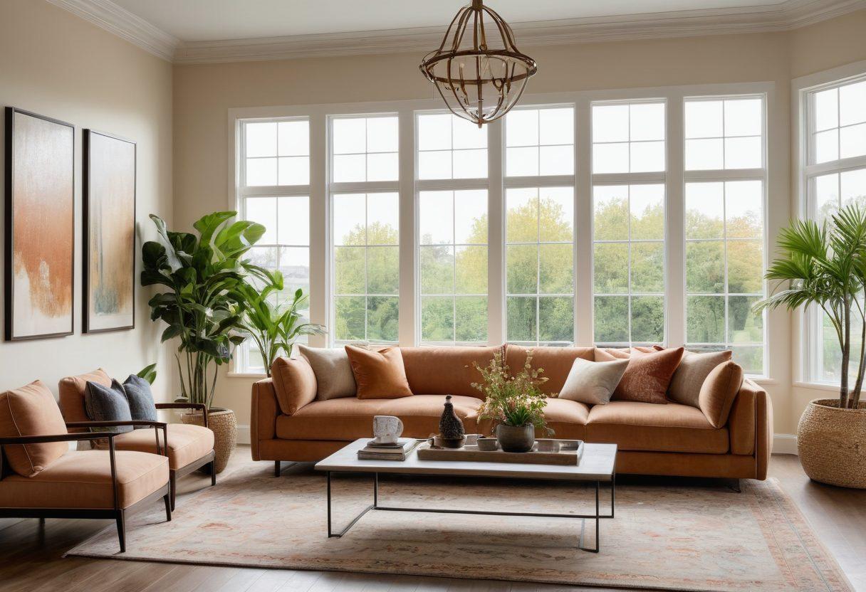 A beautifully styled living room showcasing elegant home furnishings, featuring a plush sofa, chic decor pieces like unique vases and art on the walls, with natural light streaming in through large windows. Soft, inviting colors harmonize, complemented by lush indoor plants for a fresh touch. The scene exudes a cozy yet sophisticated ambiance. super-realistic. vibrant colors. airy atmosphere.